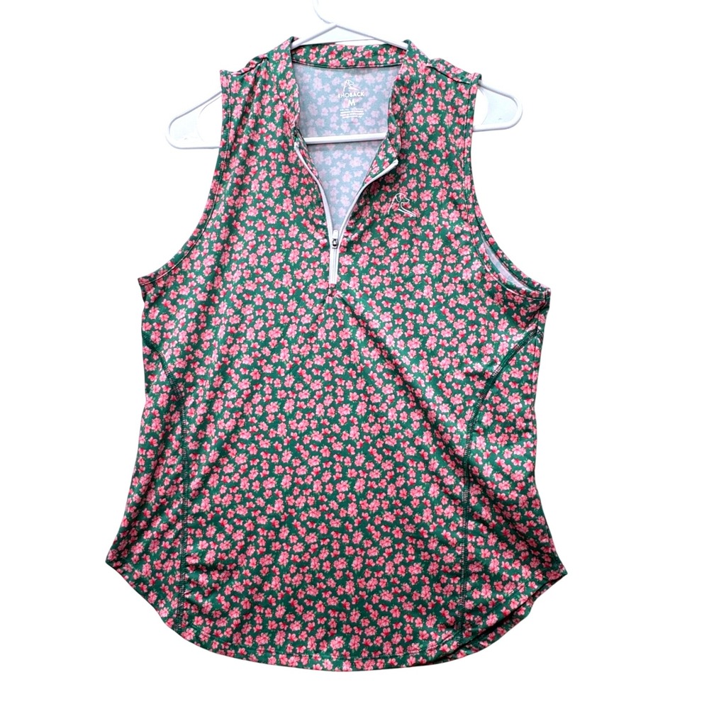 Rhoback Sleeveless Performance Polo Women Medium Green Pink Floral Golf Top